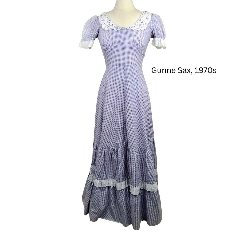 Vtg 70s Gunne Sax Maxi Dress cotton lace collar gingham blue check  XS